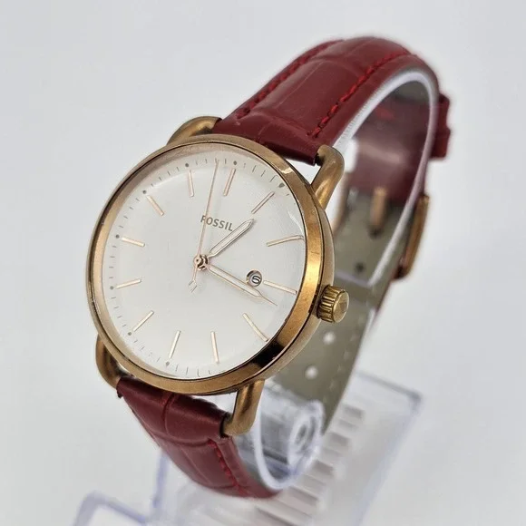 Fossil Women Watch 34MM Gold Dial Date New Red Leather Bands New Battery - Picture 2 of 16